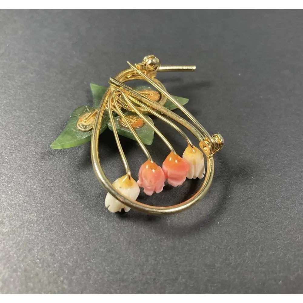 Vintage Faux Jade & Coral White Carved Rose Buds Gold Tone Pin Brooch